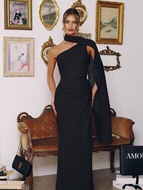New Black Sheath Bridesmaid Dress w/Functional Shoulder Cape & Side Zip CD T730